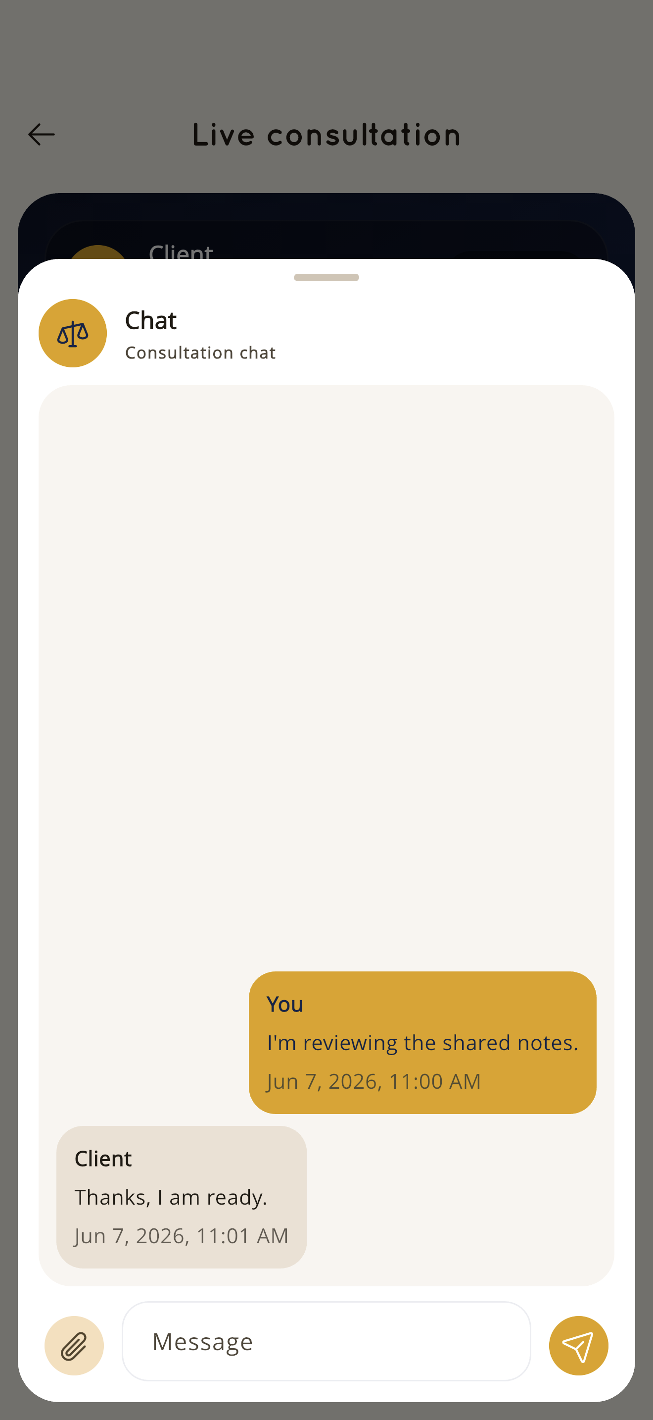 KnownAfrique lawyer app consultation chat bottom sheet on iPhone