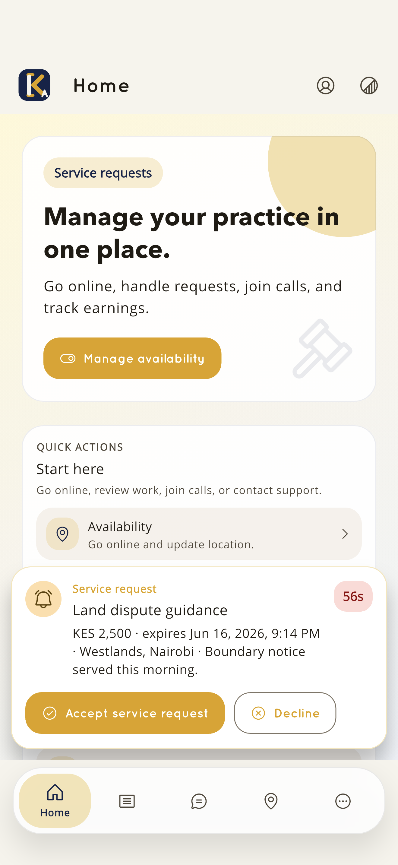 KnownAfrique lawyer app home screen on iPhone