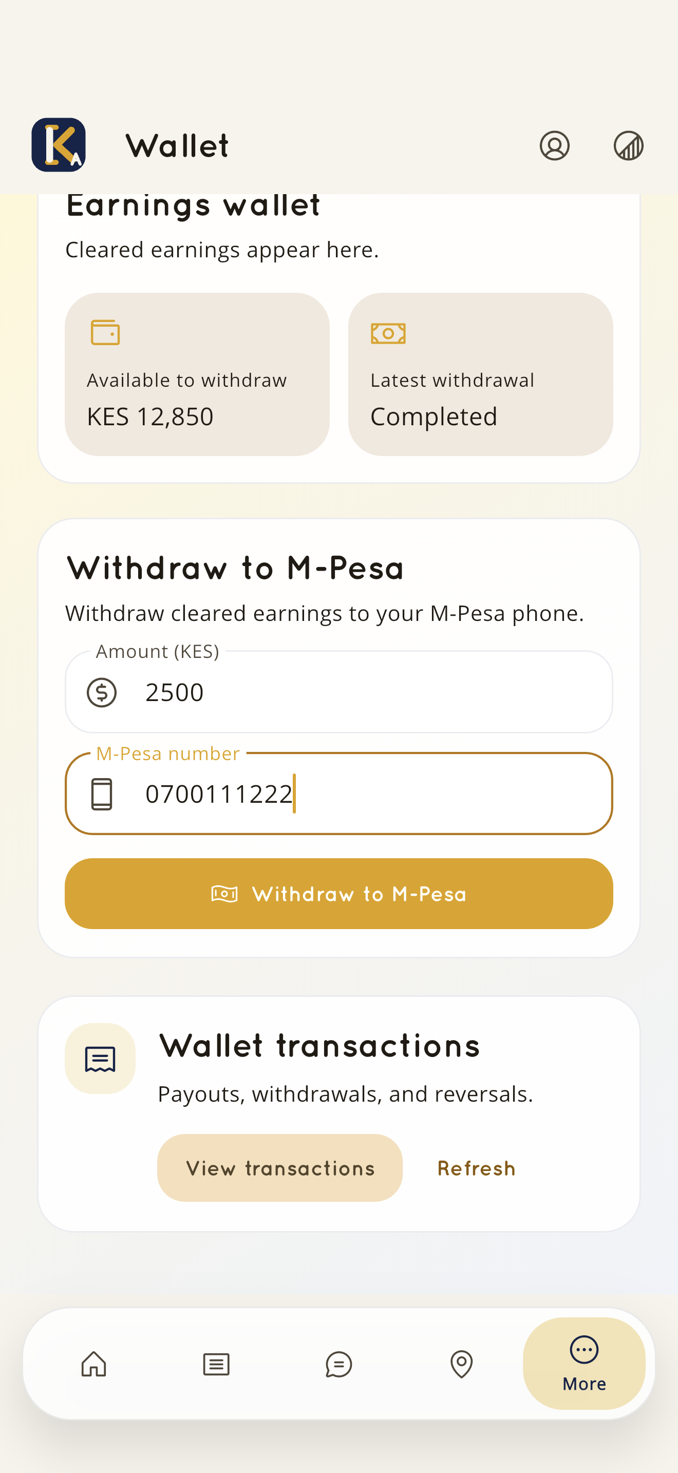 KnownAfrique lawyer app wallet withdrawal on iPhone