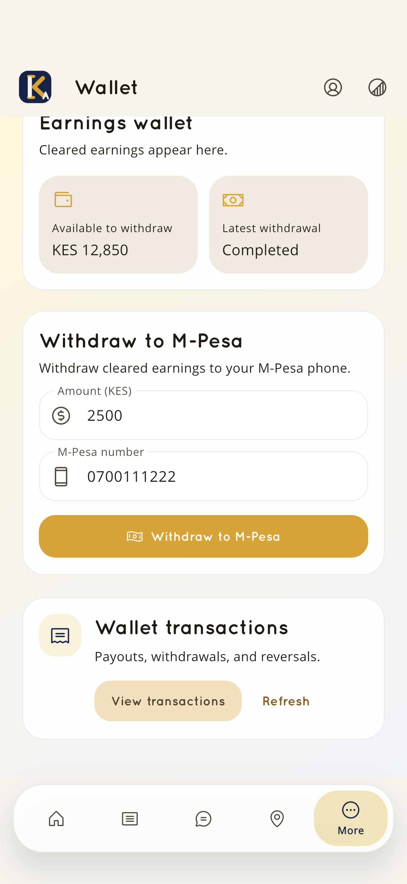 KnownAfrique lawyer app wallet screen showing available balance on iPhone